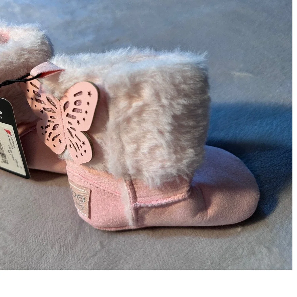 Bebe Baby Pink Glitter Butterfly Faux Fur Crib Boots BBCRF0318 Size 1